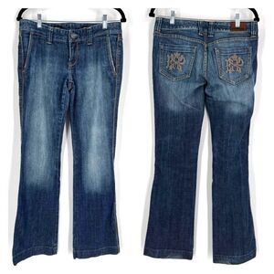 VTG Express Women's Low Rise Stella Bootleg Jeans Blue Denim Embroidered Size 6